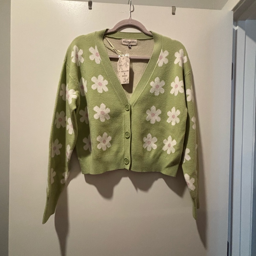 Green and White Floral Cardigan Sweater